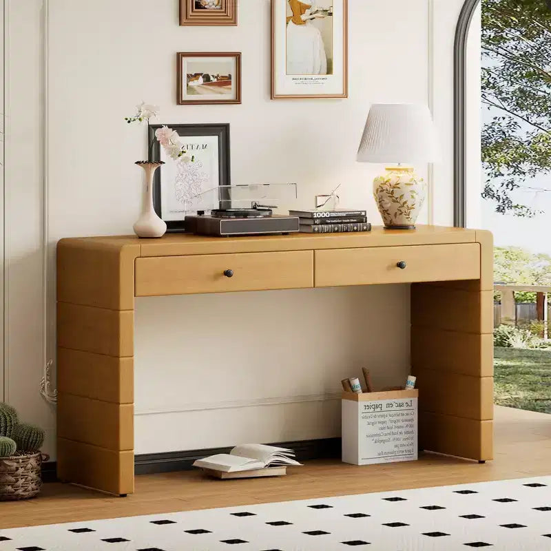 Console incurvée avec rangement, Table d'entrée en bois avec 2 tiroirs, Consoles rustiques de style ferme pour entrée, couloir, salon