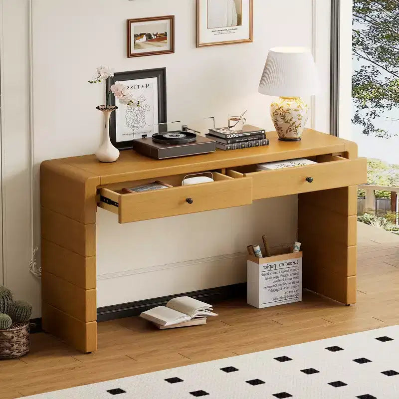 Console incurvée avec rangement, Table d'entrée en bois avec 2 tiroirs, Consoles rustiques de style ferme pour entrée, couloir, salon