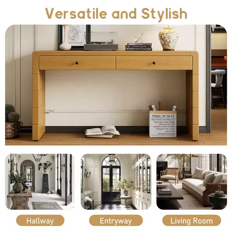 Console incurvée avec rangement, Table d'entrée en bois avec 2 tiroirs, Consoles rustiques de style ferme pour entrée, couloir, salon