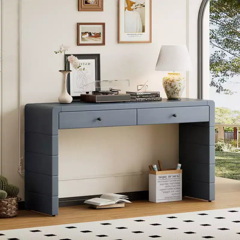 Console incurvée avec rangement, Table d'entrée en bois avec 2 tiroirs, Consoles rustiques de style ferme pour entrée, couloir, salon