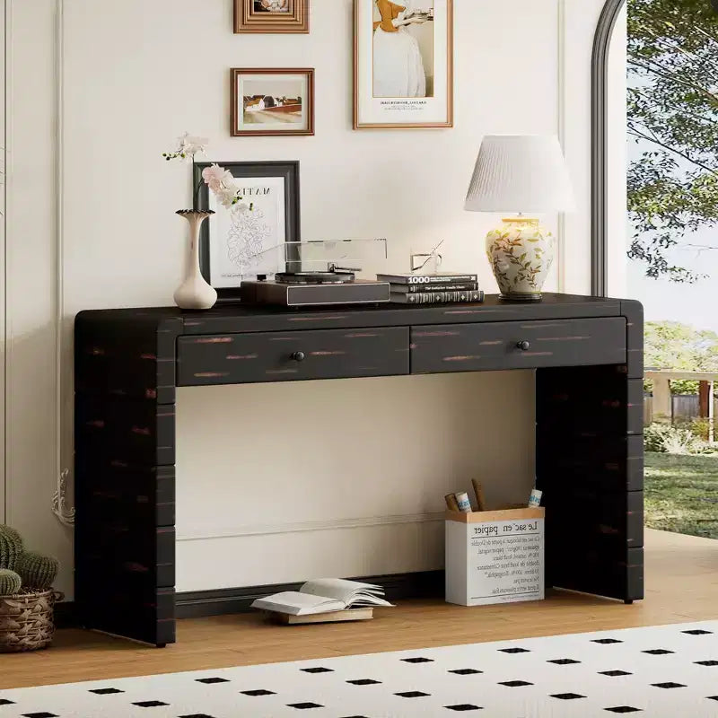 Console incurvée avec rangement, Table d'entrée en bois avec 2 tiroirs, Consoles rustiques de style ferme pour entrée, couloir, salon