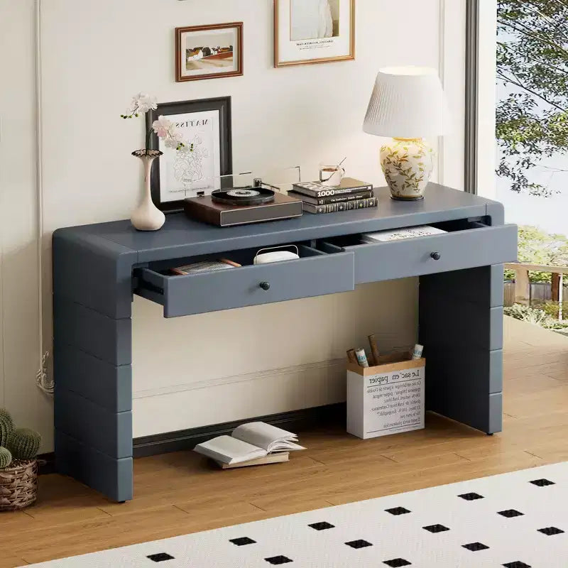 Console incurvée avec rangement, Table d'entrée en bois avec 2 tiroirs, Consoles rustiques de style ferme pour entrée, couloir, salon