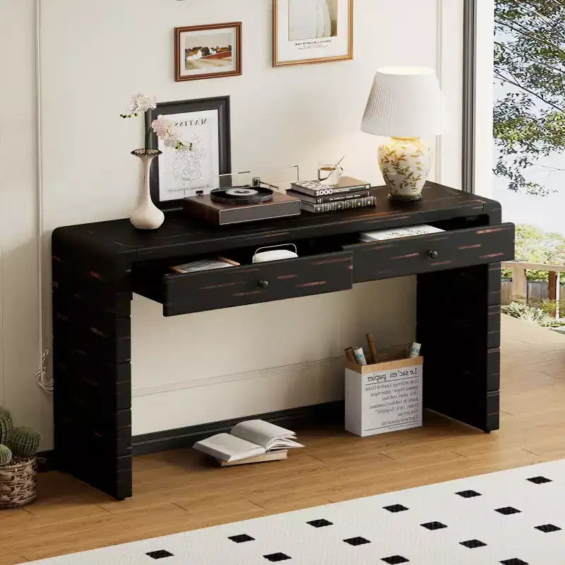 Console incurvée avec rangement, Table d'entrée en bois avec 2 tiroirs, Consoles rustiques de style ferme pour entrée, couloir, salon