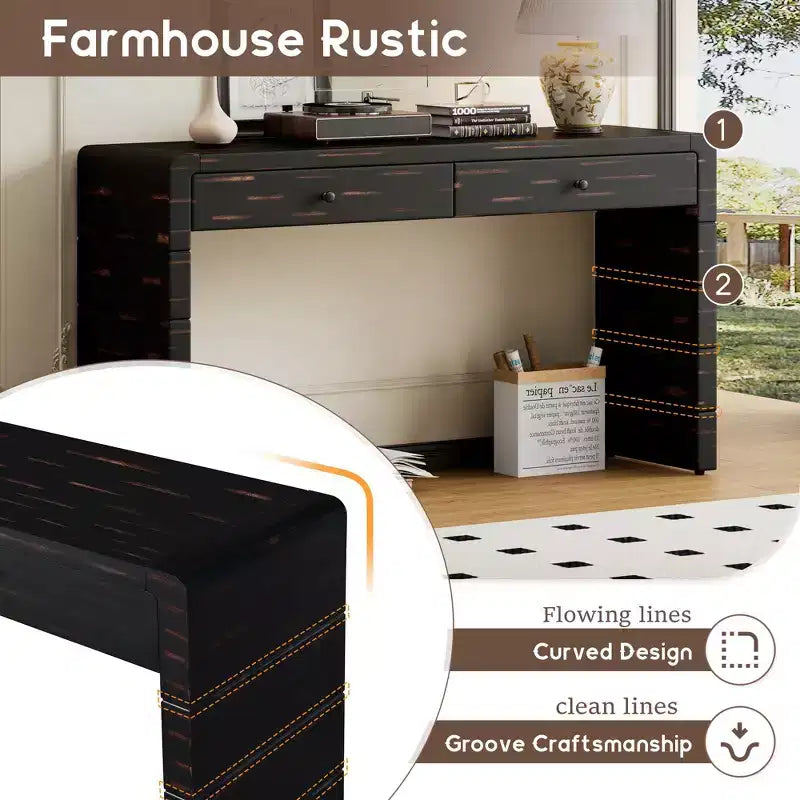 Console incurvée avec rangement, Table d'entrée en bois avec 2 tiroirs, Consoles rustiques de style ferme pour entrée, couloir, salon