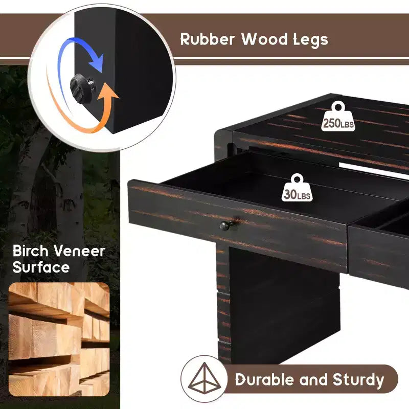 Console incurvée avec rangement, Table d'entrée en bois avec 2 tiroirs, Consoles rustiques de style ferme pour entrée, couloir, salon