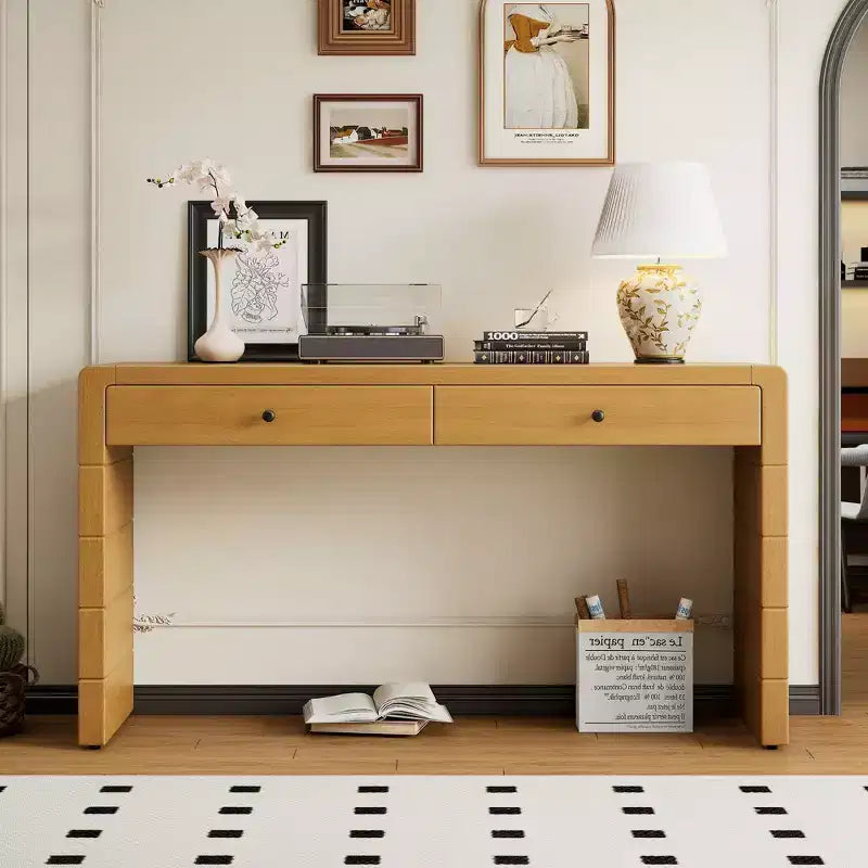 Console incurvée avec rangement, Table d'entrée en bois avec 2 tiroirs, Consoles rustiques de style ferme pour entrée, couloir, salon
