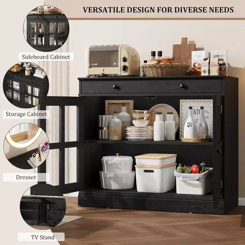 Buffet Bahut de 35,4'' de Large avec Porte en Verre et Tiroir, Armoire de Rangement Réglable pour Salle à Manger, Cuisine ou Salon