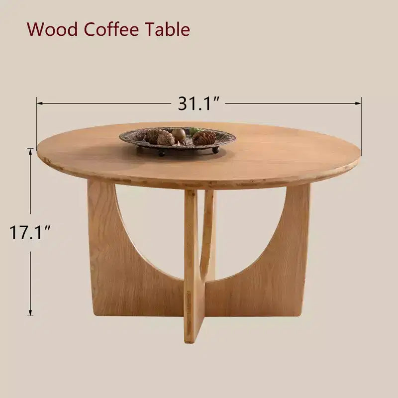 Table basse ronde en bois de 31,1 po, fini chêne naturel, avec base découpée, idéale pour les salons de style ferme
