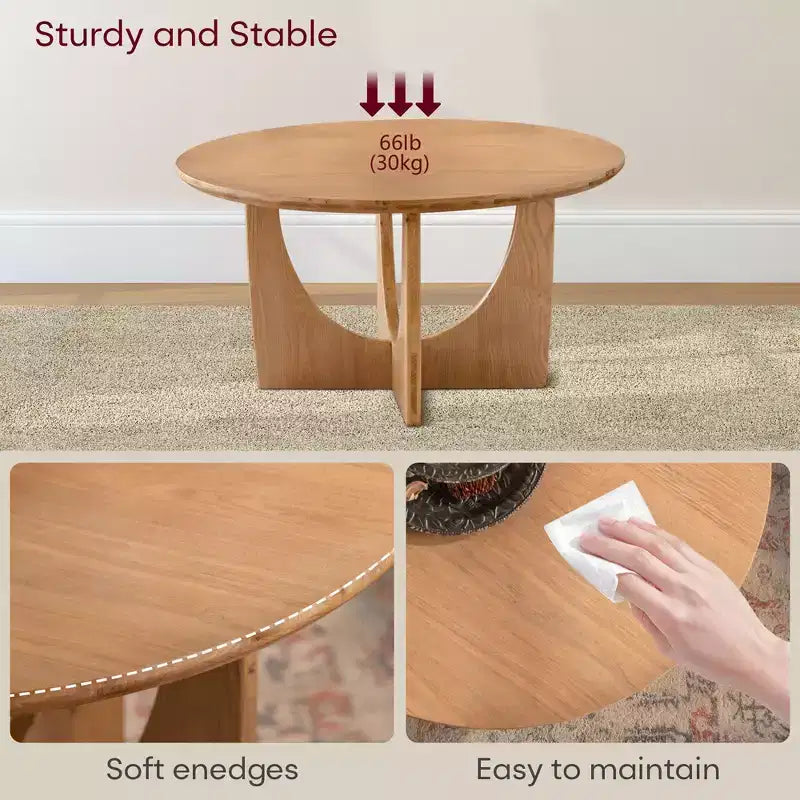 Table basse ronde en bois de 31,1 po, fini chêne naturel, avec base découpée, idéale pour les salons de style ferme