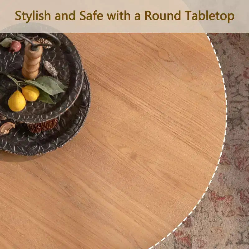 Table basse ronde en bois de 31,1 po, fini chêne naturel, avec base découpée, idéale pour les salons de style ferme