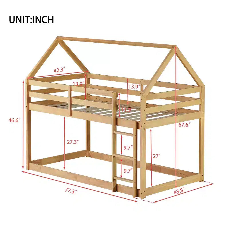 Lit superposé cabane en bois de caoutchouc, taille jumelle sur jumelle, avec échelle et barrières de sécurité, pour enfants