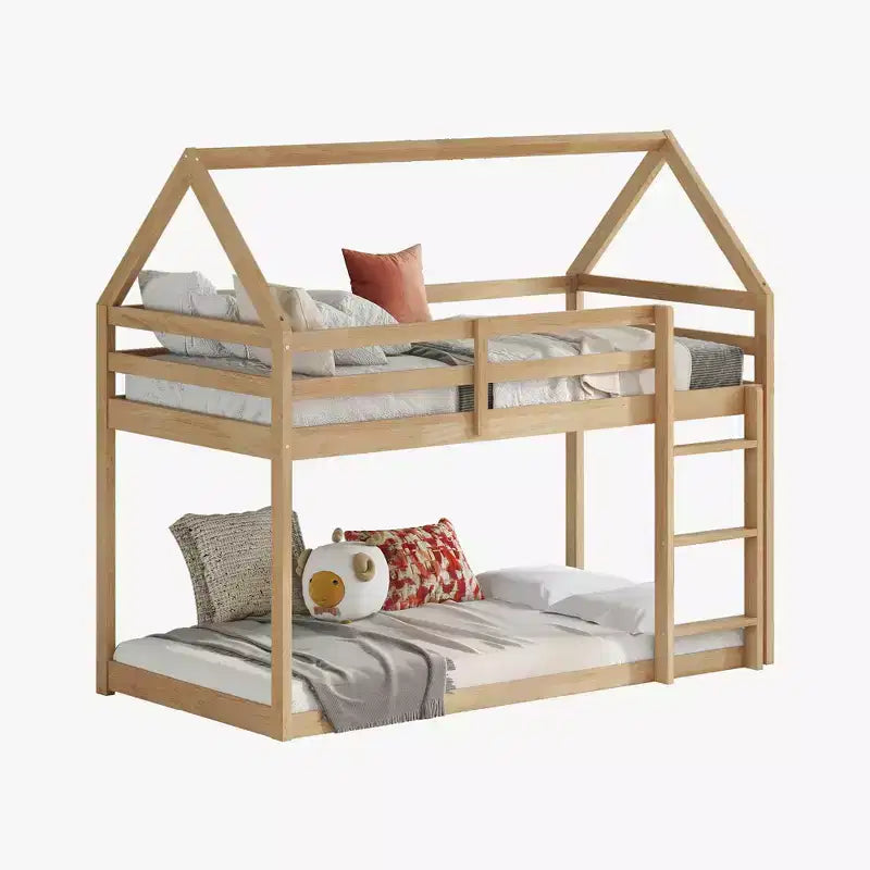 Lit superposé cabane en bois de caoutchouc, taille jumelle sur jumelle, avec échelle et barrières de sécurité, pour enfants