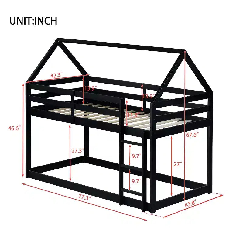 Lit superposé cabane en bois de caoutchouc, taille jumelle sur jumelle, avec échelle et barrières de sécurité, pour enfants