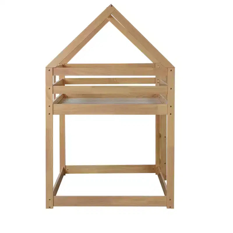 Lit superposé cabane en bois de caoutchouc, taille jumelle sur jumelle, avec échelle et barrières de sécurité, pour enfants