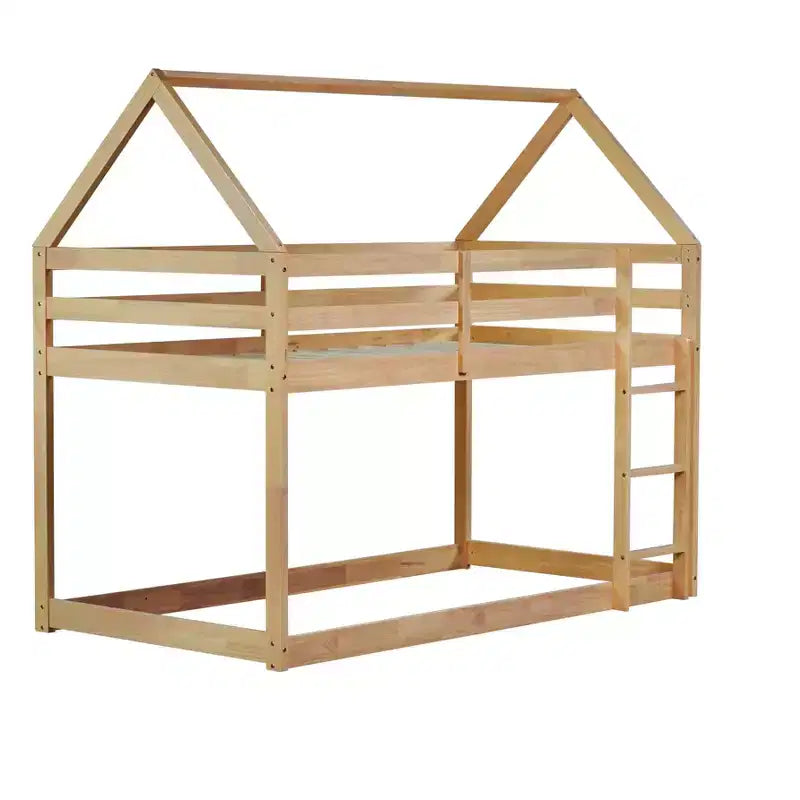 Lit superposé cabane en bois de caoutchouc, taille jumelle sur jumelle, avec échelle et barrières de sécurité, pour enfants