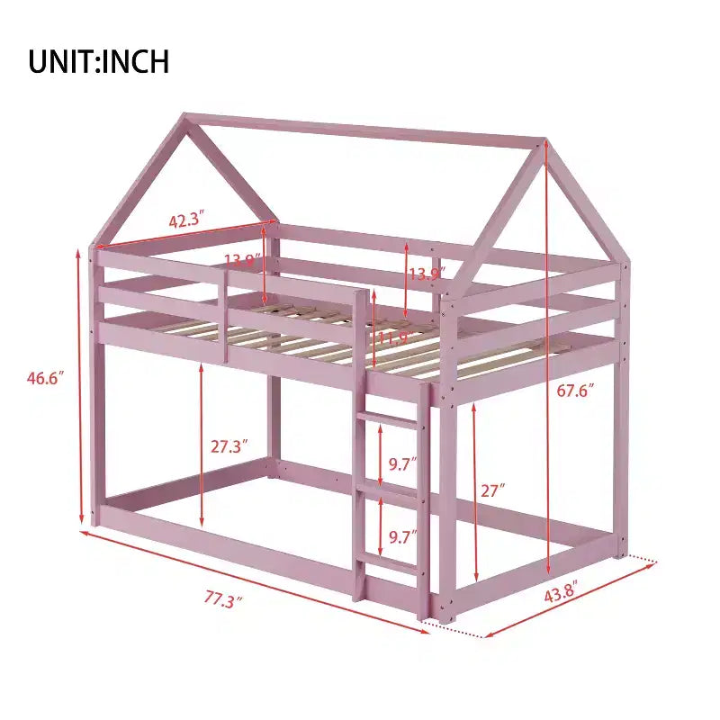 Lit superposé cabane en bois de caoutchouc, taille jumelle sur jumelle, avec échelle et barrières de sécurité, pour enfants