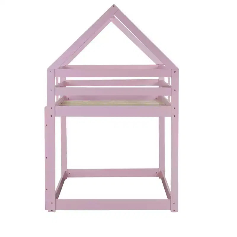 Lit superposé cabane en bois de caoutchouc, taille jumelle sur jumelle, avec échelle et barrières de sécurité, pour enfants