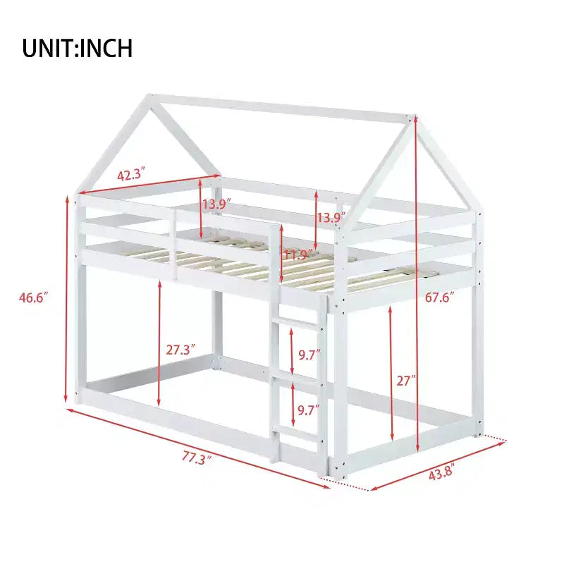 Lit superposé cabane en bois de caoutchouc, taille jumelle sur jumelle, avec échelle et barrières de sécurité, pour enfants