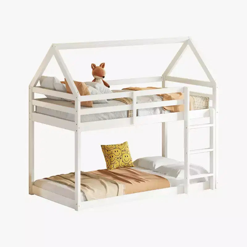 Lit superposé cabane en bois de caoutchouc, taille jumelle sur jumelle, avec échelle et barrières de sécurité, pour enfants