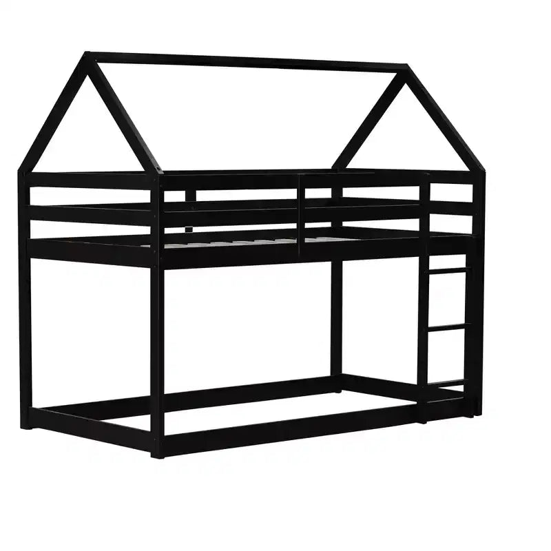 Lit superposé cabane en bois de caoutchouc, taille jumelle sur jumelle, avec échelle et barrières de sécurité, pour enfants