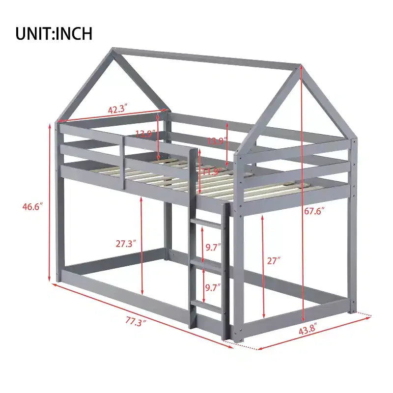 Lit superposé cabane en bois de caoutchouc, taille jumelle sur jumelle, avec échelle et barrières de sécurité, pour enfants