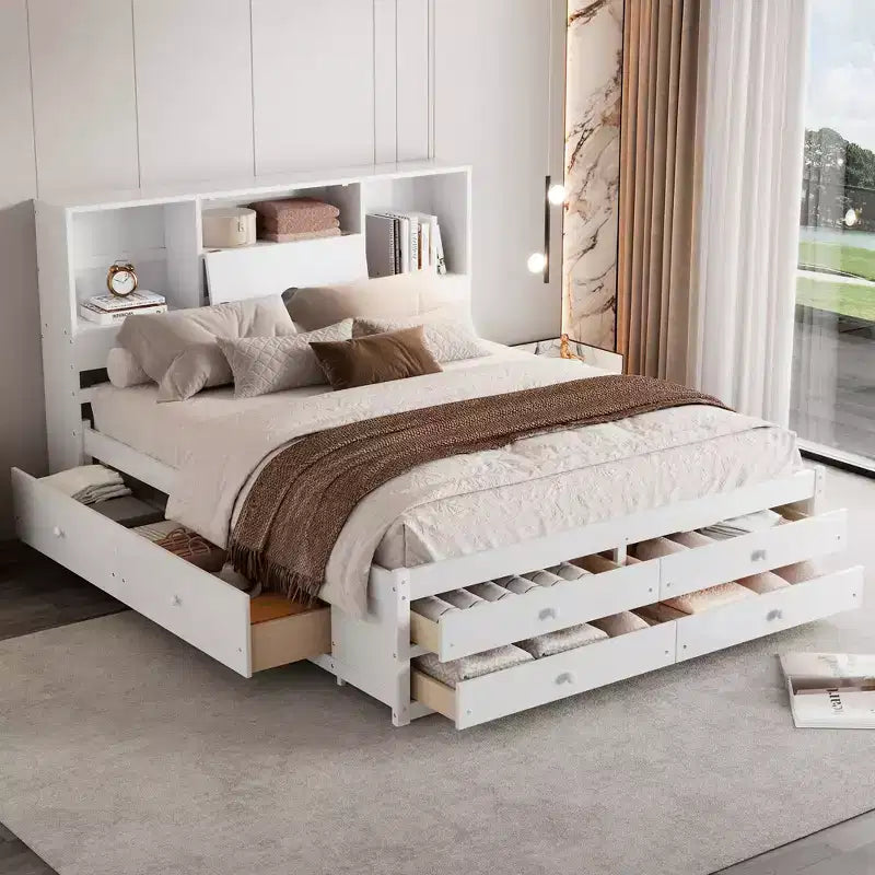 Lit plateforme Queen/King en pin avec tête de lit de rangement et 8 tiroirs