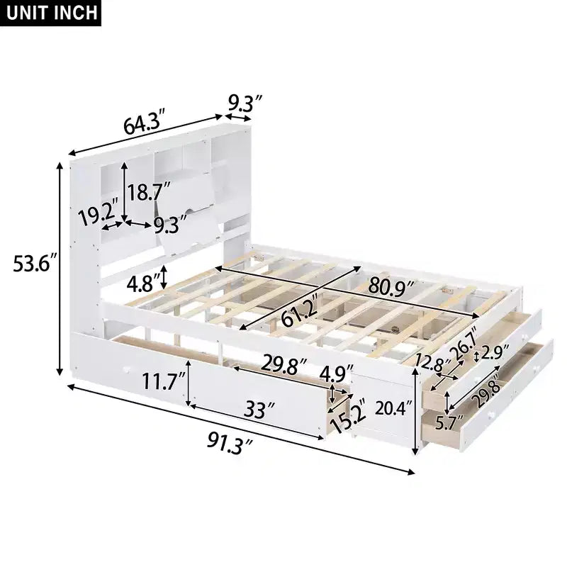 Lit plateforme Queen/King en pin avec tête de lit de rangement et 8 tiroirs