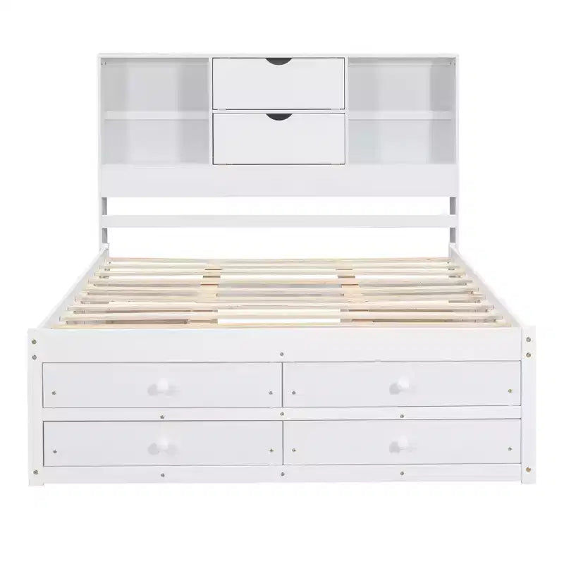 Lit plateforme Queen/King en pin avec tête de lit de rangement et 8 tiroirs