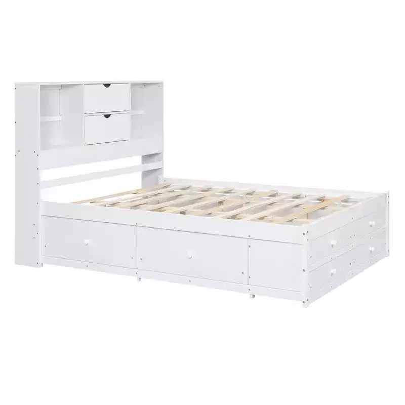Lit plateforme Queen/King en pin avec tête de lit de rangement et 8 tiroirs