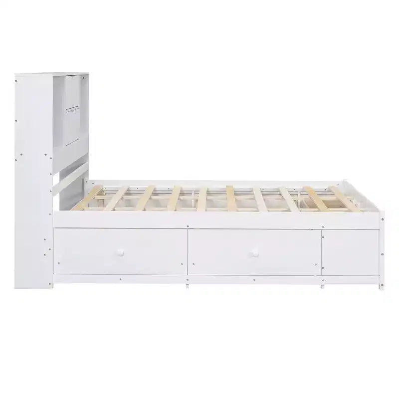 Lit plateforme Queen/King en pin avec tête de lit de rangement et 8 tiroirs