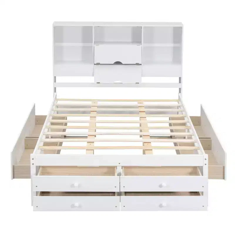 Lit plateforme Queen/King en pin avec tête de lit de rangement et 8 tiroirs