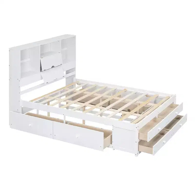 Lit plateforme Queen/King en pin avec tête de lit de rangement et 8 tiroirs