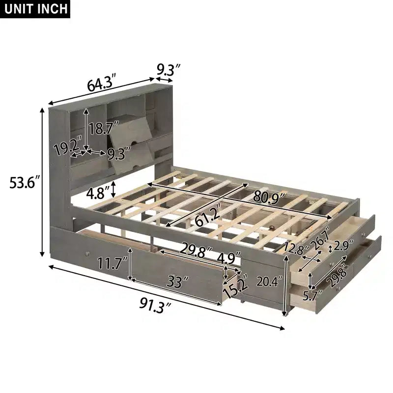 Lit plateforme Queen/King en pin avec tête de lit de rangement et 8 tiroirs