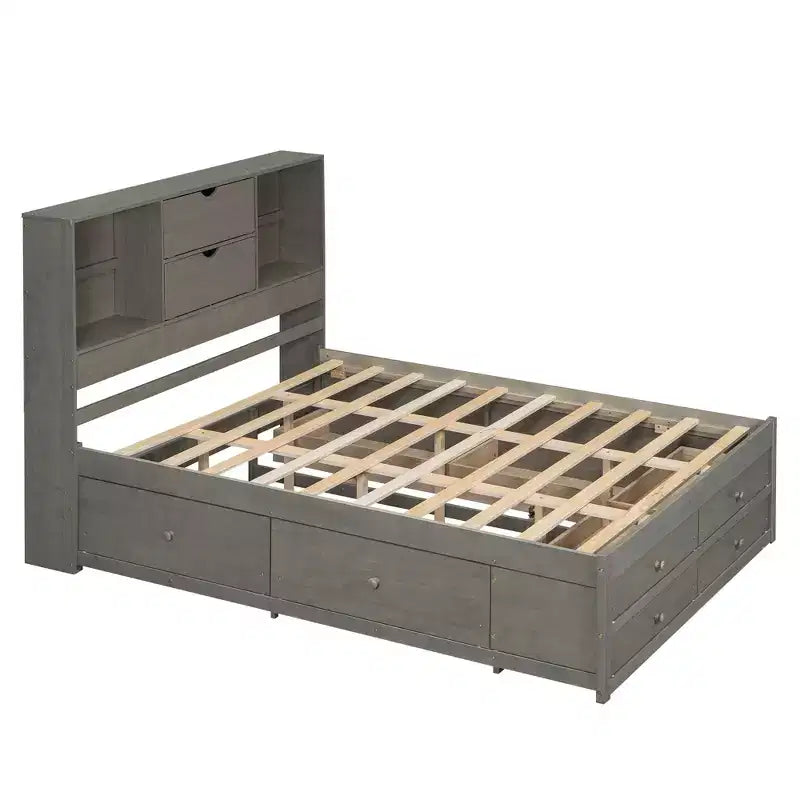 Lit plateforme Queen/King en pin avec tête de lit de rangement et 8 tiroirs