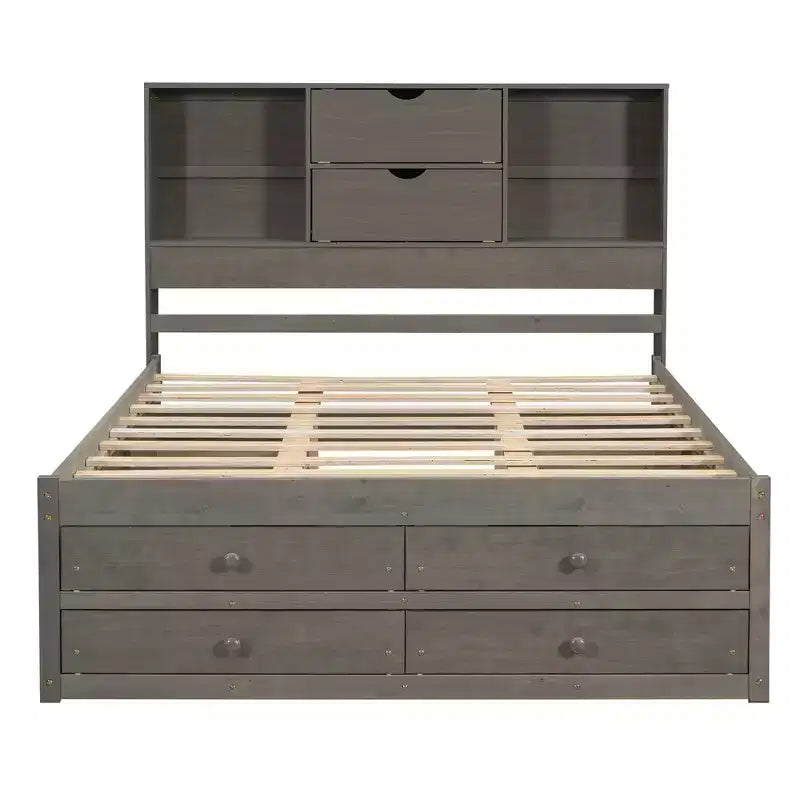 Lit plateforme Queen/King en pin avec tête de lit de rangement et 8 tiroirs