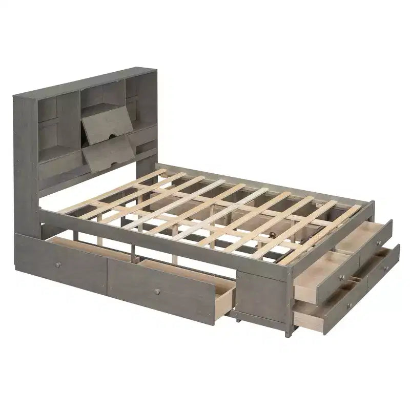 Lit plateforme Queen/King en pin avec tête de lit de rangement et 8 tiroirs
