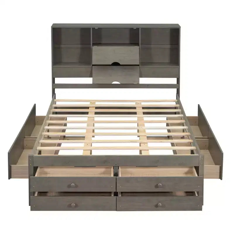 Lit plateforme Queen/King en pin avec tête de lit de rangement et 8 tiroirs