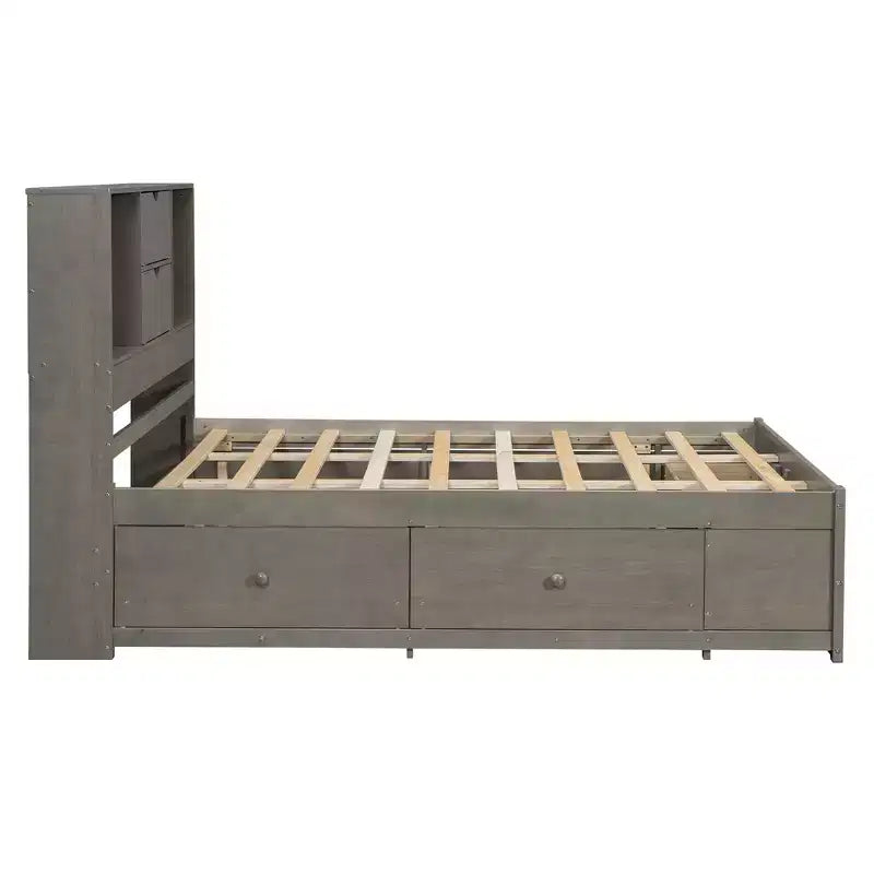 Lit plateforme Queen/King en pin avec tête de lit de rangement et 8 tiroirs