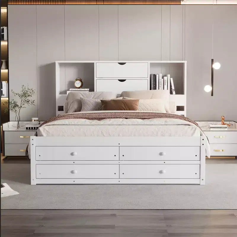 Lit plateforme Queen/King en pin avec tête de lit de rangement et 8 tiroirs