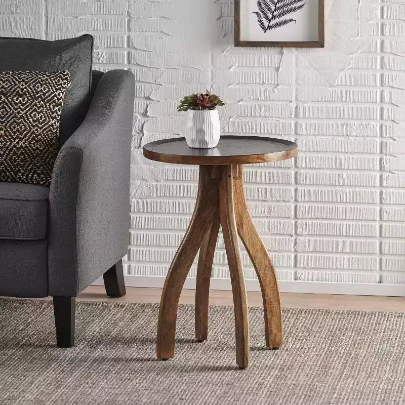 Table d'appoint élégante de style bohème en bois de manguier, table de bout pour salon avec plateau incurvé à rebord aux tons terreux
