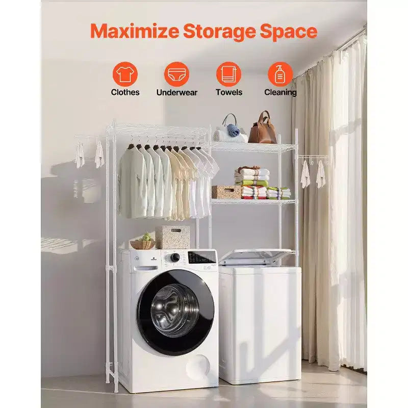 Étagère de rangement 5 niveaux au-dessus lave-linge/sèche-linge, réglable avec tringle et crochets, blanc, gain de place pour buanderie