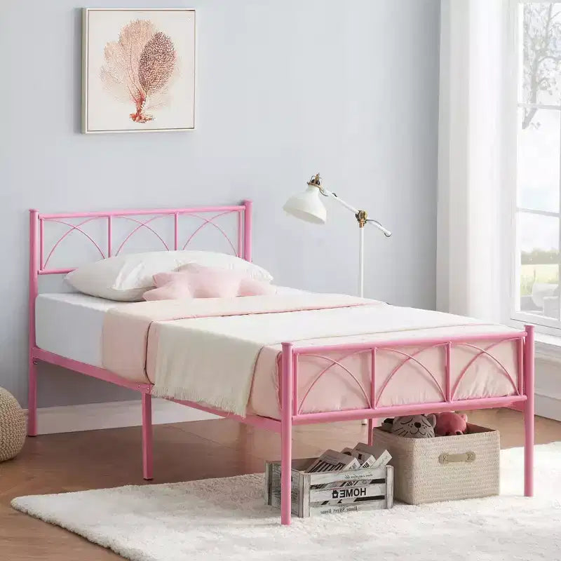 Cadre de lit double 14 pouces avec tête et pied de lit, lit plateforme rose avec rangement sous le lit