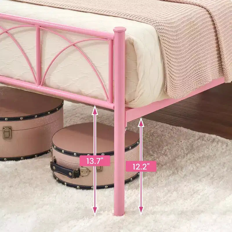 Cadre de lit double 14 pouces avec tête et pied de lit, lit plateforme rose avec rangement sous le lit