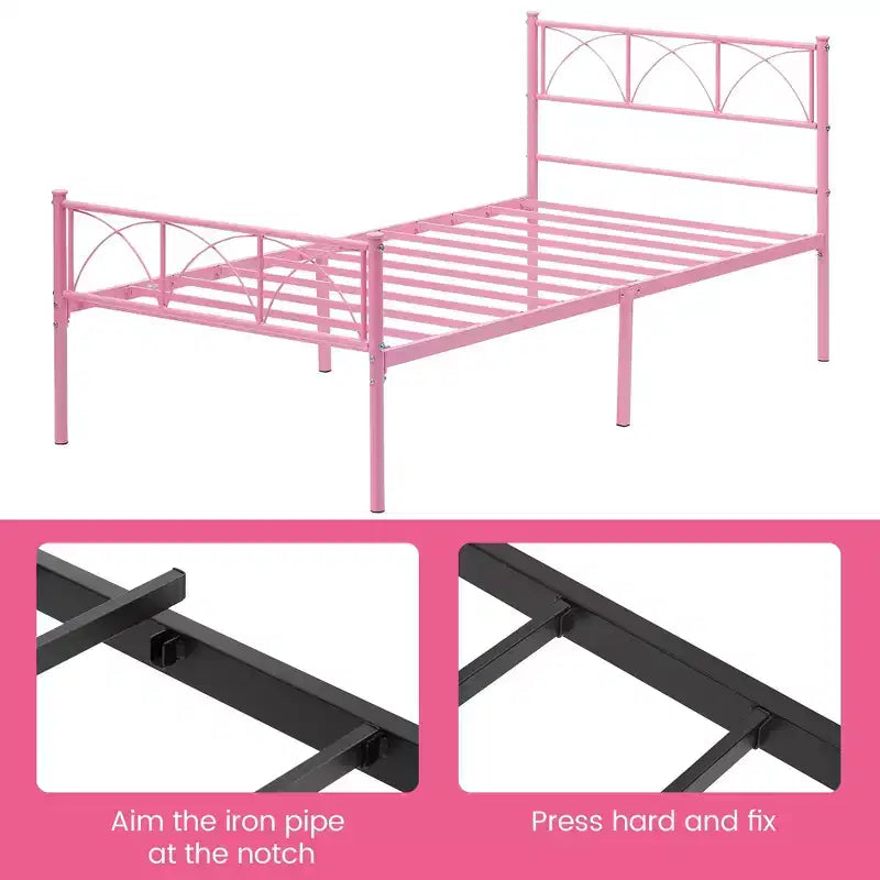 Cadre de lit double 14 pouces avec tête et pied de lit, lit plateforme rose avec rangement sous le lit