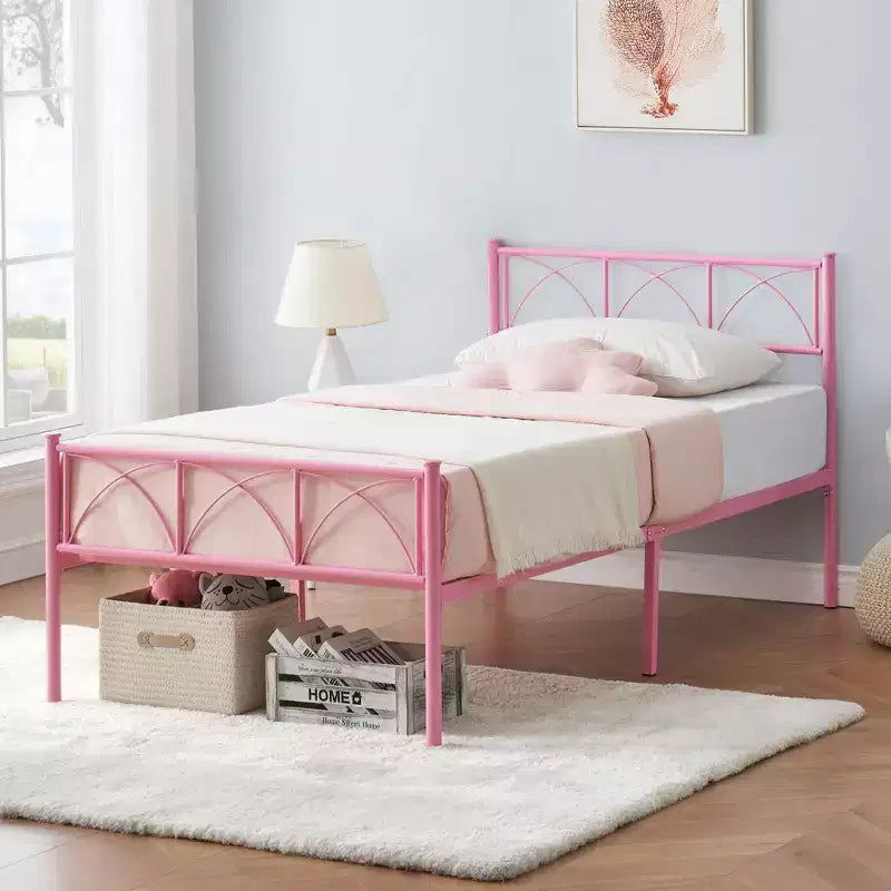 Cadre de lit double 14 pouces avec tête et pied de lit, lit plateforme rose avec rangement sous le lit