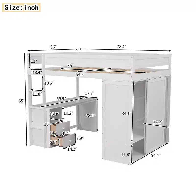 Lit mezzanine Phillips avec armoires et bureau 2 tiroirs avec meuble de rangement