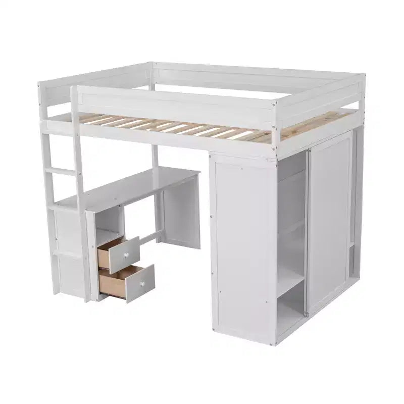 Lit mezzanine Phillips avec armoires et bureau 2 tiroirs avec meuble de rangement