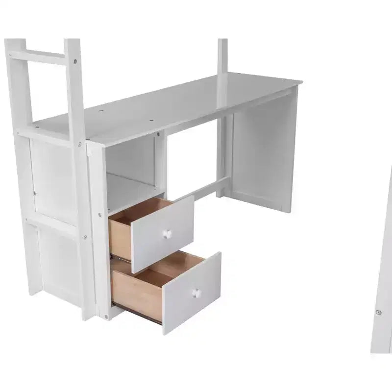 Lit mezzanine Phillips avec armoires et bureau 2 tiroirs avec meuble de rangement