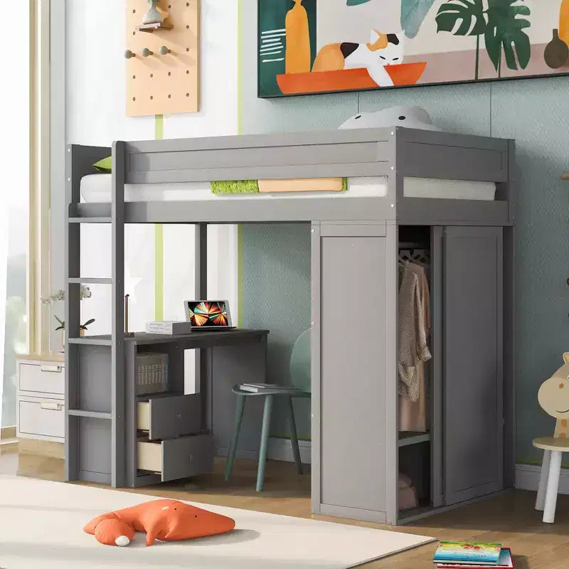 Lit mezzanine Phillips avec armoires et bureau 2 tiroirs avec meuble de rangement