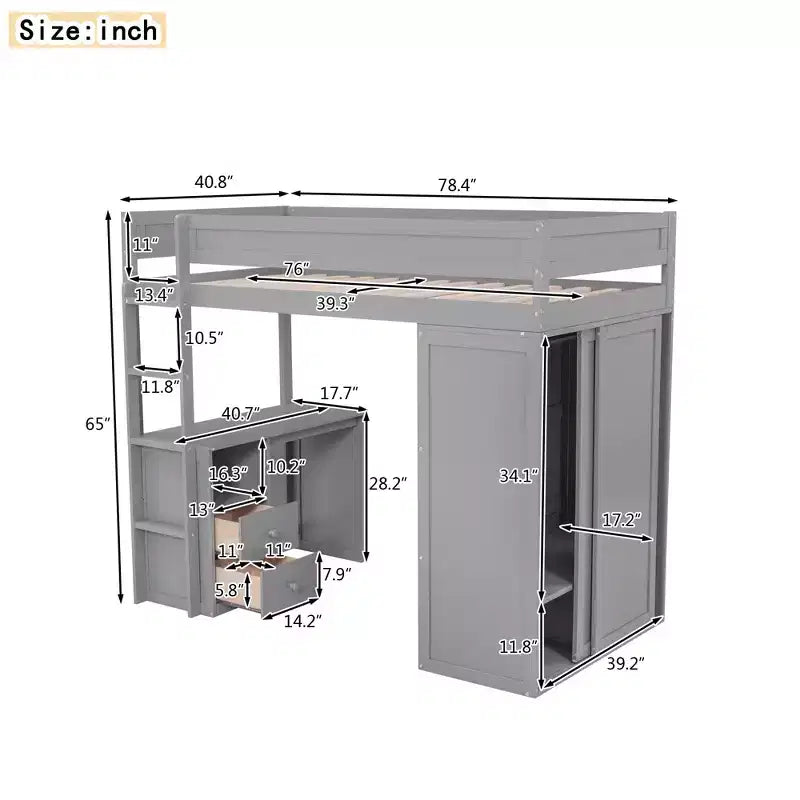 Lit mezzanine Phillips avec armoires et bureau 2 tiroirs avec meuble de rangement